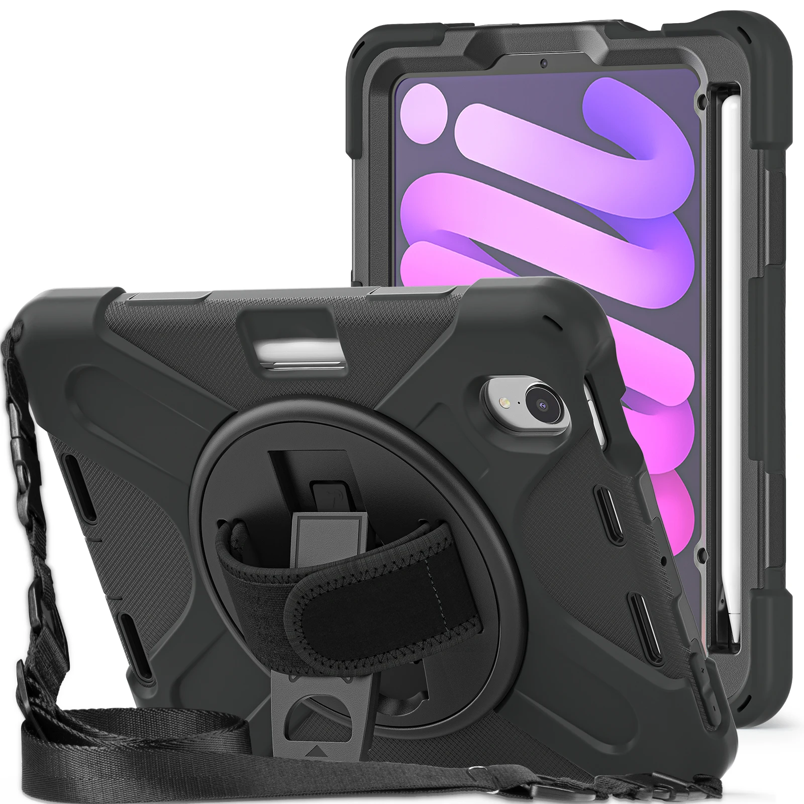Armored Shockproof Stand Case Cover for iPad Mini 7 A17 Pro Mini 6 With Pencil Holder Shoulder Strap Palm Band