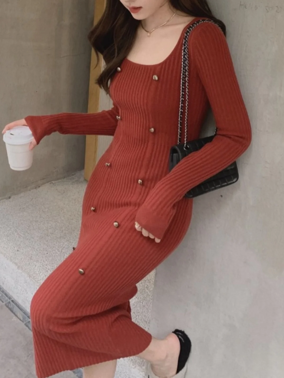 

Women Elegant Knitted Midi Dress Vintage Casual Bodycon Slim Solid Buttons Sweater Vestidos Female Fashion Outerwear O-neck G129
