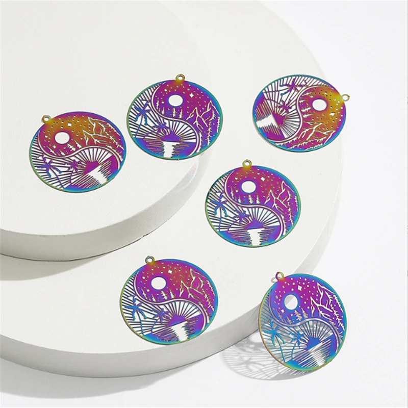 20Pcs/Lot Creative Stainless Steel Colorful Print Hollow Round Charms Connectors DIY for Earrings Jewelry Findings Accessories