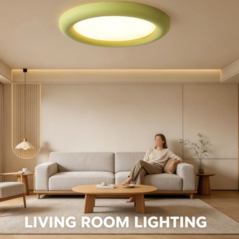 Round Led Ceiling Lamp With Matte Green Frame And Warm Diffused Glow For Bedroom Living Room Use
