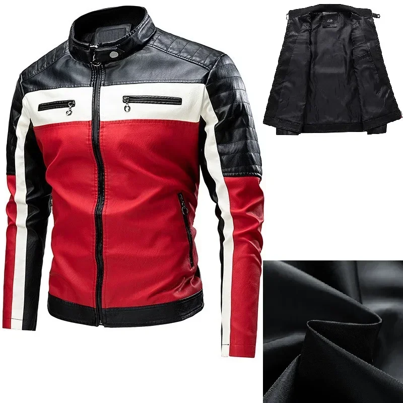 

Vintage Motorcycle Men Jacket Bomber Biker Zipper Faux Fur Coat Male Fleece Pilot Vintage Warm Black Red Brown PU Leather Jacket