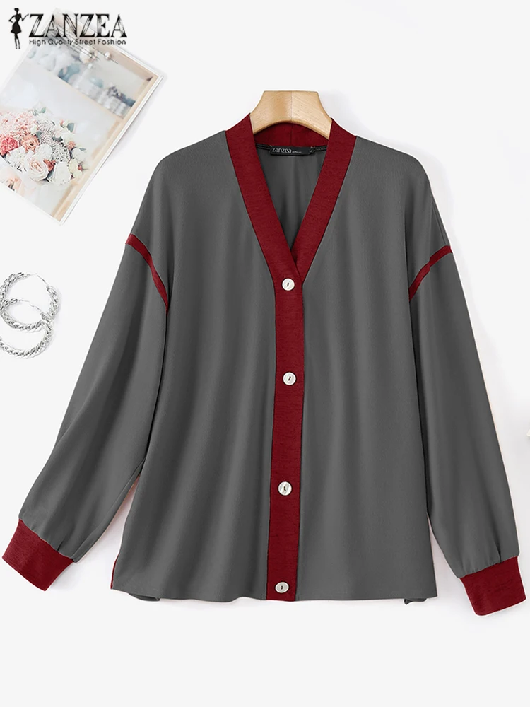 

ZANZEA 2025 Autumn Korean Colorblock Shirt Women V-neck Buttons Cardigans Casual Loose Long Sleeve Tops Vintage Outwears Femme