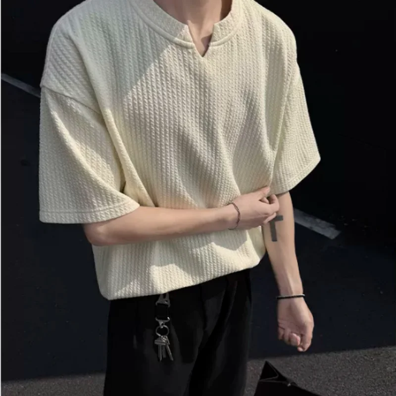 Texture-effect V-neck short-sleeved t-shirt, summer trendy brand short-sleeved shirt for teenagers, boys, new style, ice silk wi