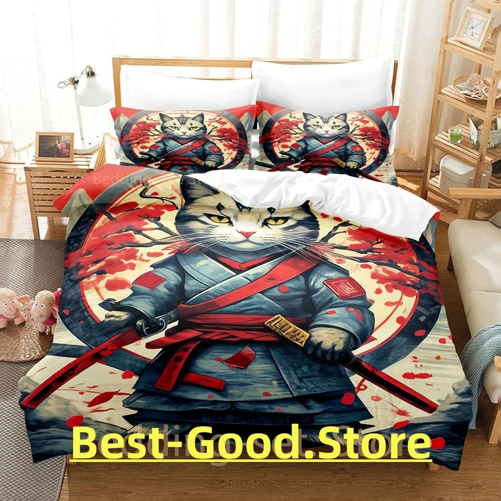 

2024 COOL Samurai Cat Bedding Set Single Twin Full Queen King Size Bed Set Adult Kid Bedroom Duvetcover Sets Anime Bed Sheet Set