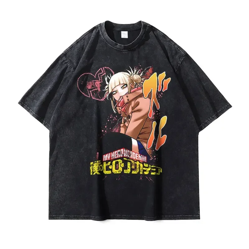 Himiko Toga T-shirt Vintage Washed Anime My Hero Academia T Shirts Oversized Harajuku Manga Boku No Hero Academia Tops Tees Girl