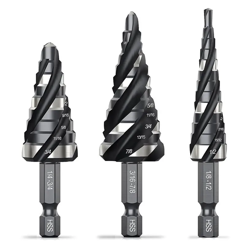 

A34R Four Spiral Flute Step Drill Bit Set(1/8" To 7/8") 3 Pcs HSS Bits, Unibit& 1/4" Shank