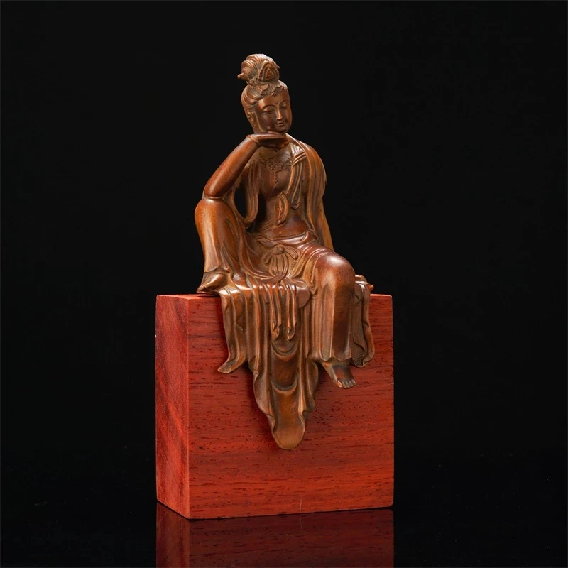 Sitting Guanyin Bodhisattva Statue Solid Wood Figure Handmade Carved Buddha Statue Home Decoration Crafts Kuan Yin