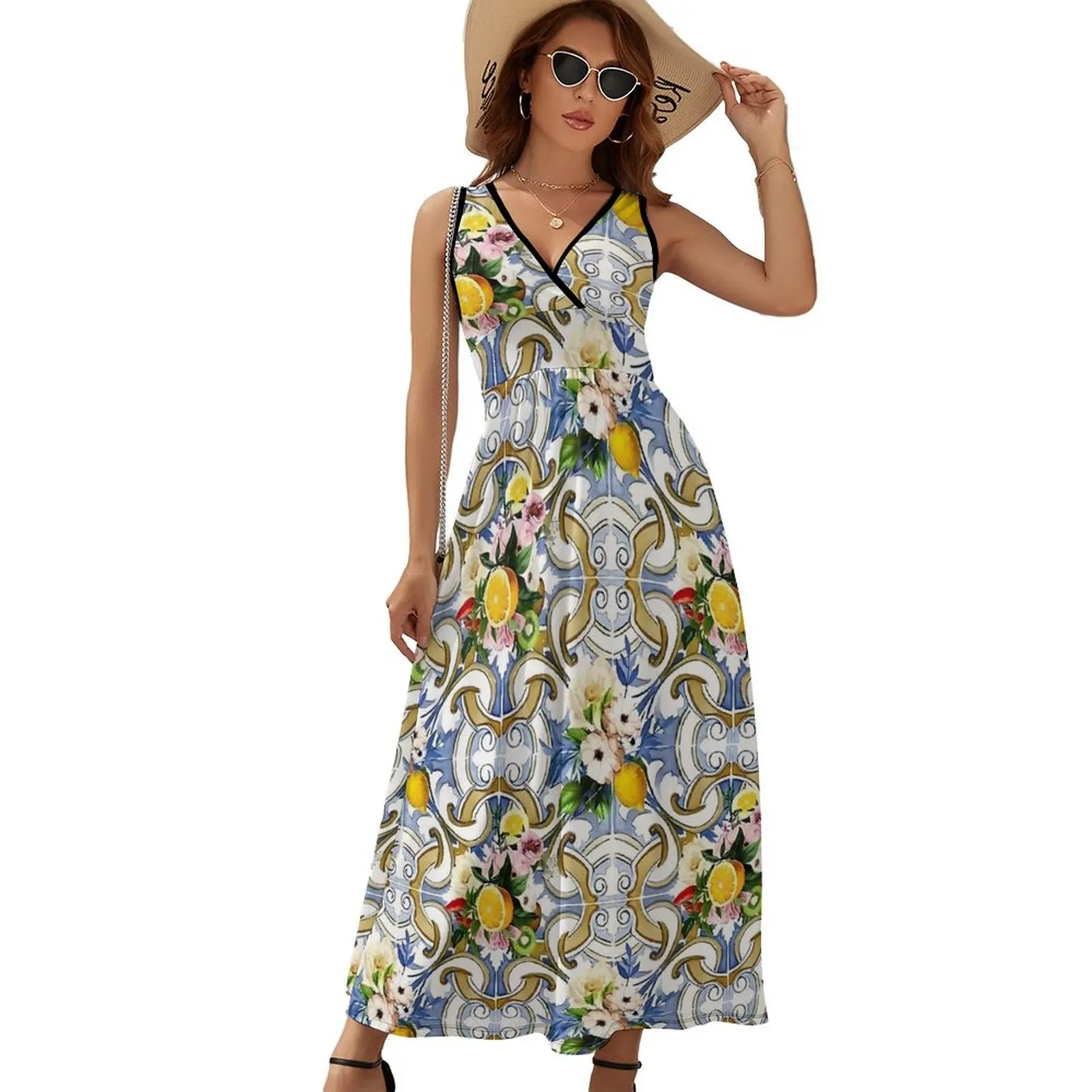 Lemon Retro Dress Sicilian Tiles Club Maxi Dress Aesthetic Boho Beach Long Dresses High Waist Design Oversized Clothing