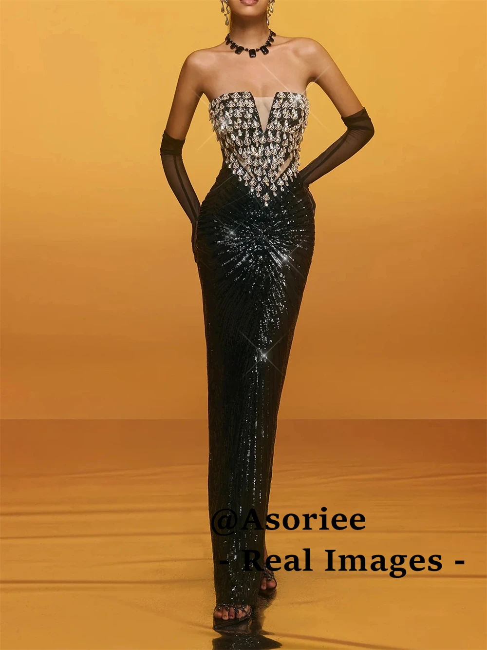 

Asoriee - Strapless Crystal Sequin Maxi Dress (Gloves Not Included) - Sequined Long Evening Dresses for Women Real Images