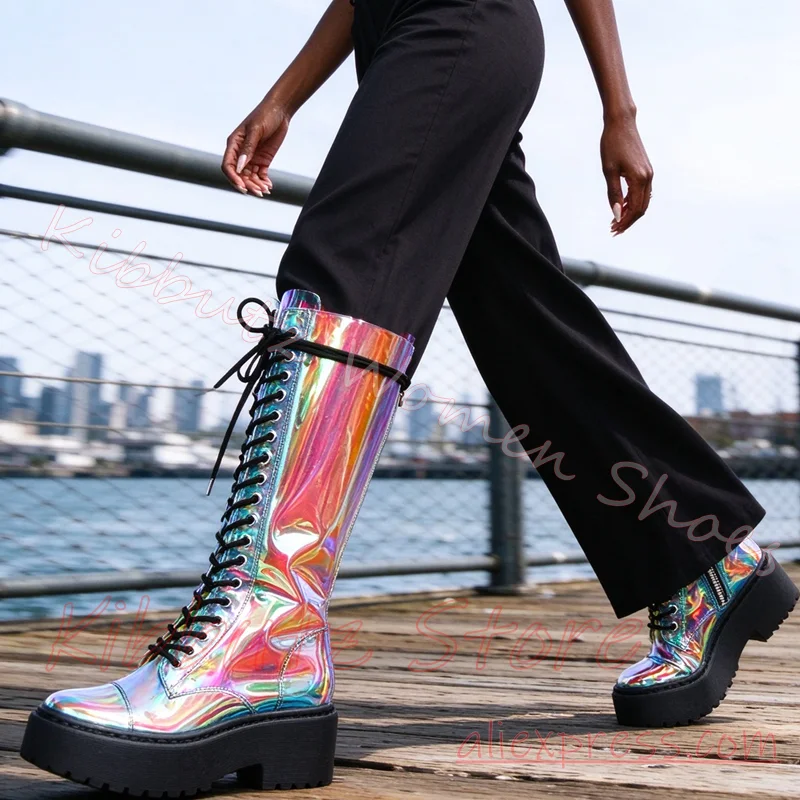 Transparent Platform Boot Knee High Lace Up Clear Shaft Round Toe Gothic Festival Punk Street Fashion Shoes Leather Concise Sexy