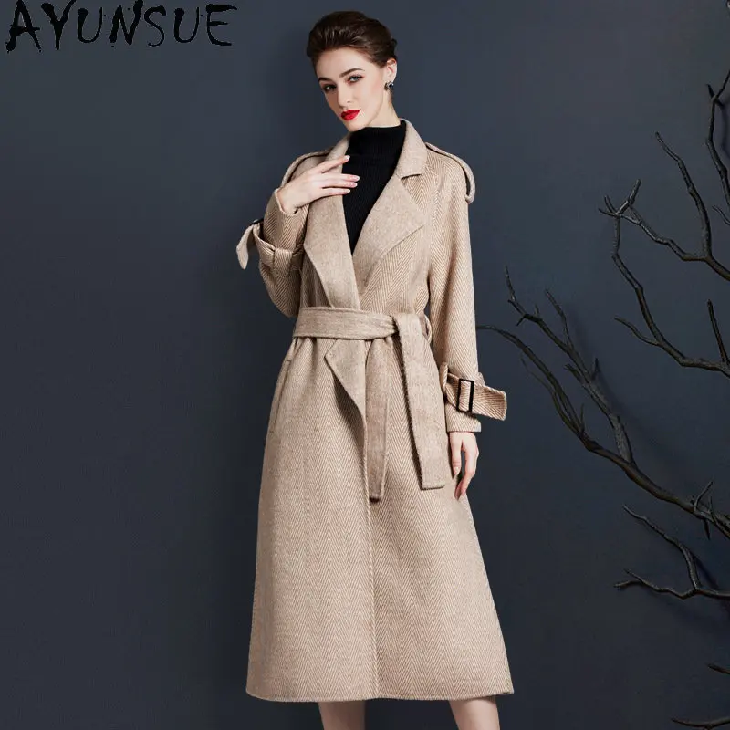 

AYUNSUE Herringbone Wool Blends Coat Elegant Autumn Cashmere Coats Women Double-sided Woolen Coat Long Wool Jacket Abrigo Mujer