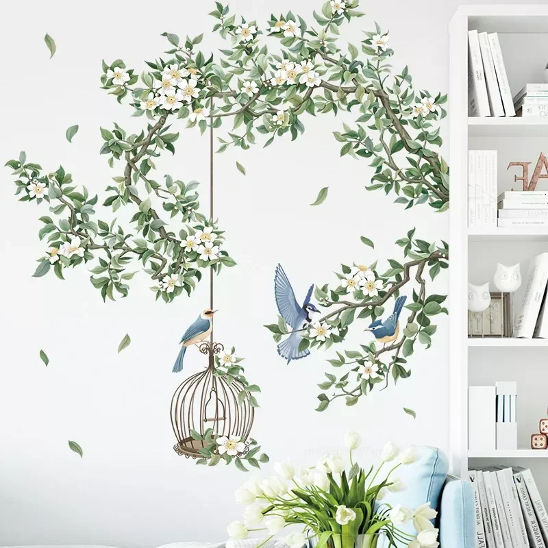 Colorful Flower Birdcage Flying Birds Wall Sticker Creative Home Decor Living Room Decals Wallpaper Bedroom Nursery Window Decor