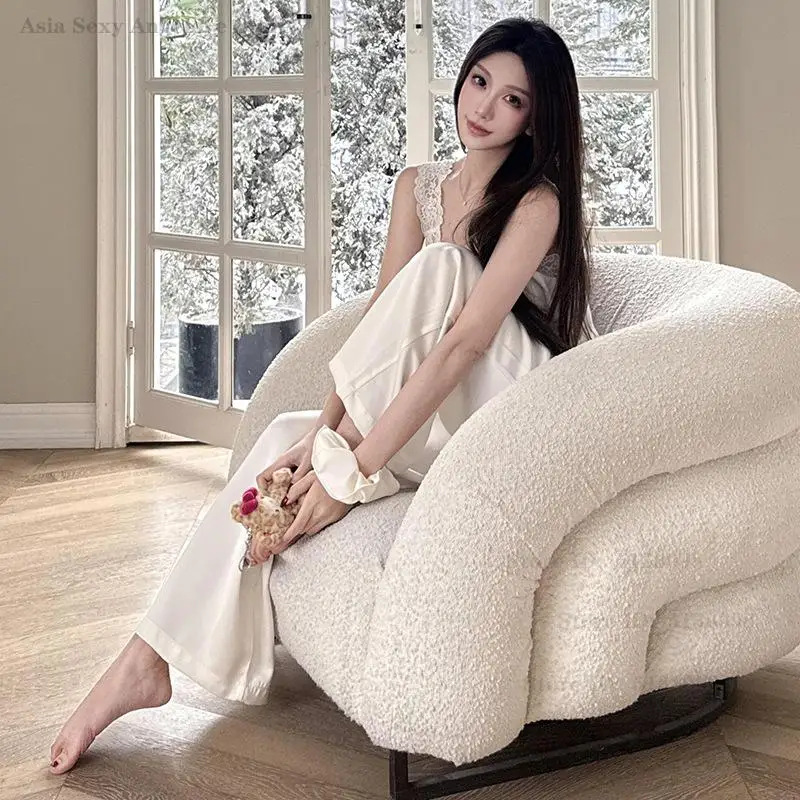 

Sexy Ice Silk Lace Summer Pajamas Ladies 2 Pcs Strap Top&pant Home Wear Nightwear Princess Comfortable Breathable Sleepwear