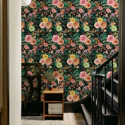 Elegant Green Leaf and Pink Floral Wallpaper Self-adhesive Home Decor Blooming Floral Wall Mural Peony Roses Wallpaper