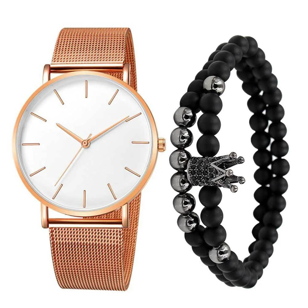 2 шт. простые деловые мужские кварцевые часы с круглым ремнем и набором браслетов с короной и бусинами