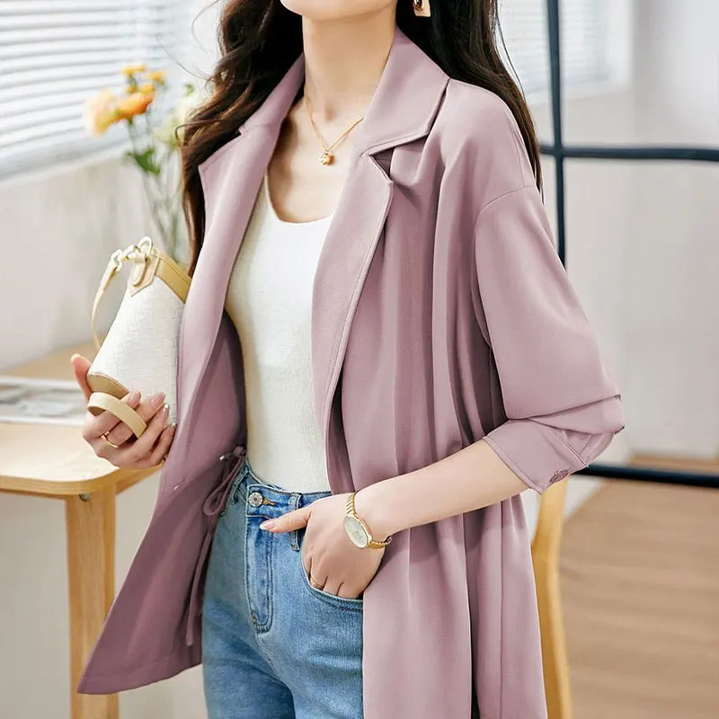 Female Clothing Solid Color Jackets Fashion Shirring Spring Autumn Long Sleeve Single Button Korean Loose Tailored Collar Coats