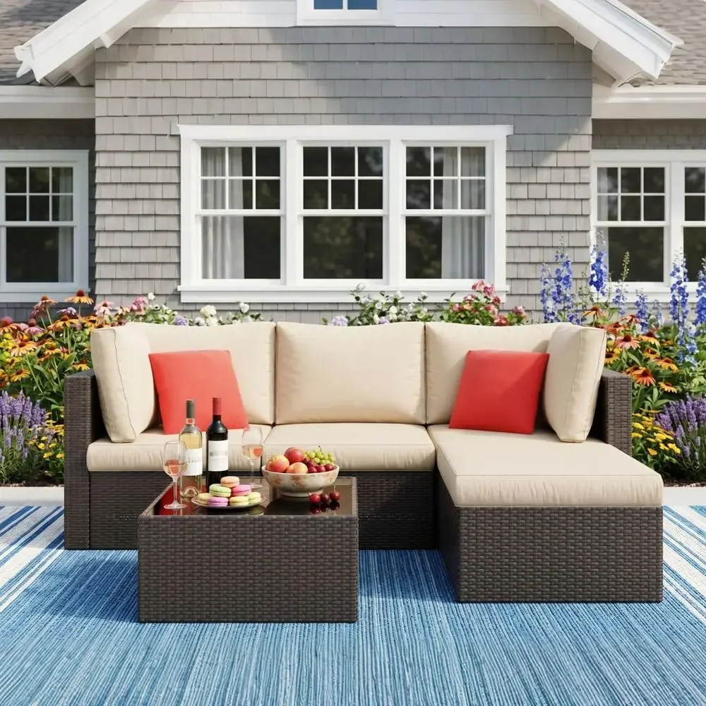 5-Piece Outdoor Patio Furniture Set with Sectional Sofa, Weather-Resistant PE Rattan, Ottoman, and Glass Table in Beige