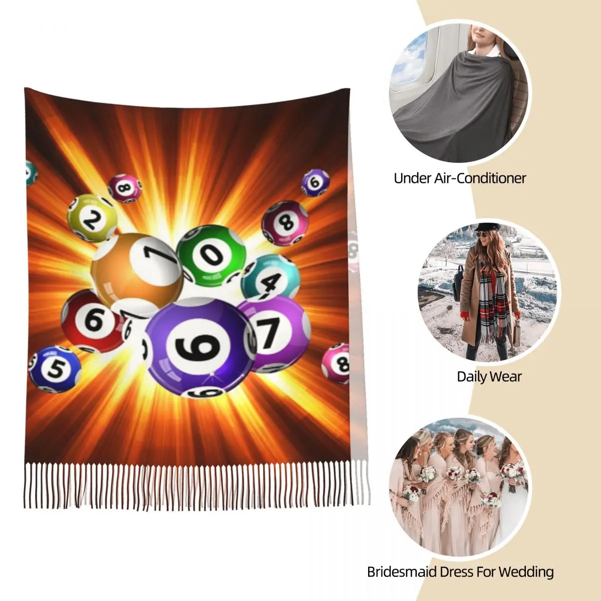 Bingo Balls Game Shawl Wrap for Ladies Winter Large Soft Scarf Pashmina Tassel Scarves