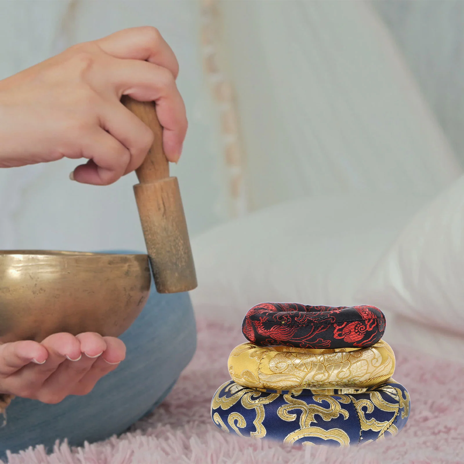 Bowl Singing Cushion Tibetan Gift Pillow Yoga Sound Chakra Ring Holder Bowls Pad Stand Rubber Brocade Silk Meditation Gong Mat