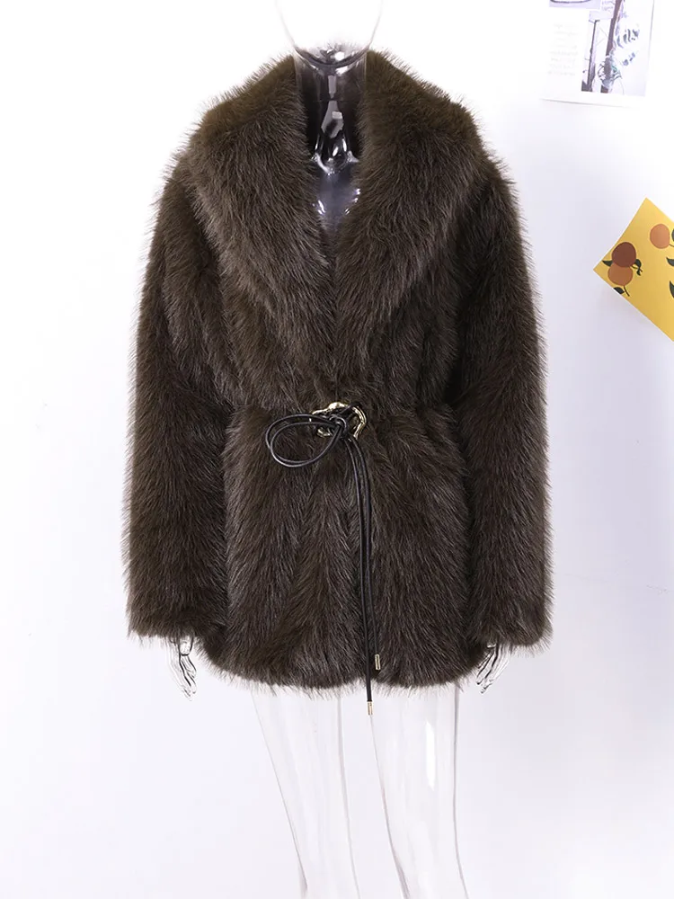 With Belt Fur Coat Fluffy Large Heart Shaped Waist Cinching Deep V Mid Length Overcoat Warm Plush Women Trend Outwear Winter Top