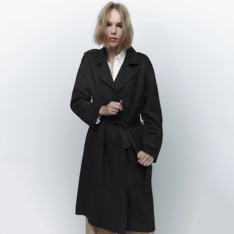 Autumn Winter New Sle Women's Suede Coat with Belt Medium Length Windbreaker 2023 Sweet Sle V-Ne Long Sve Outerwear
