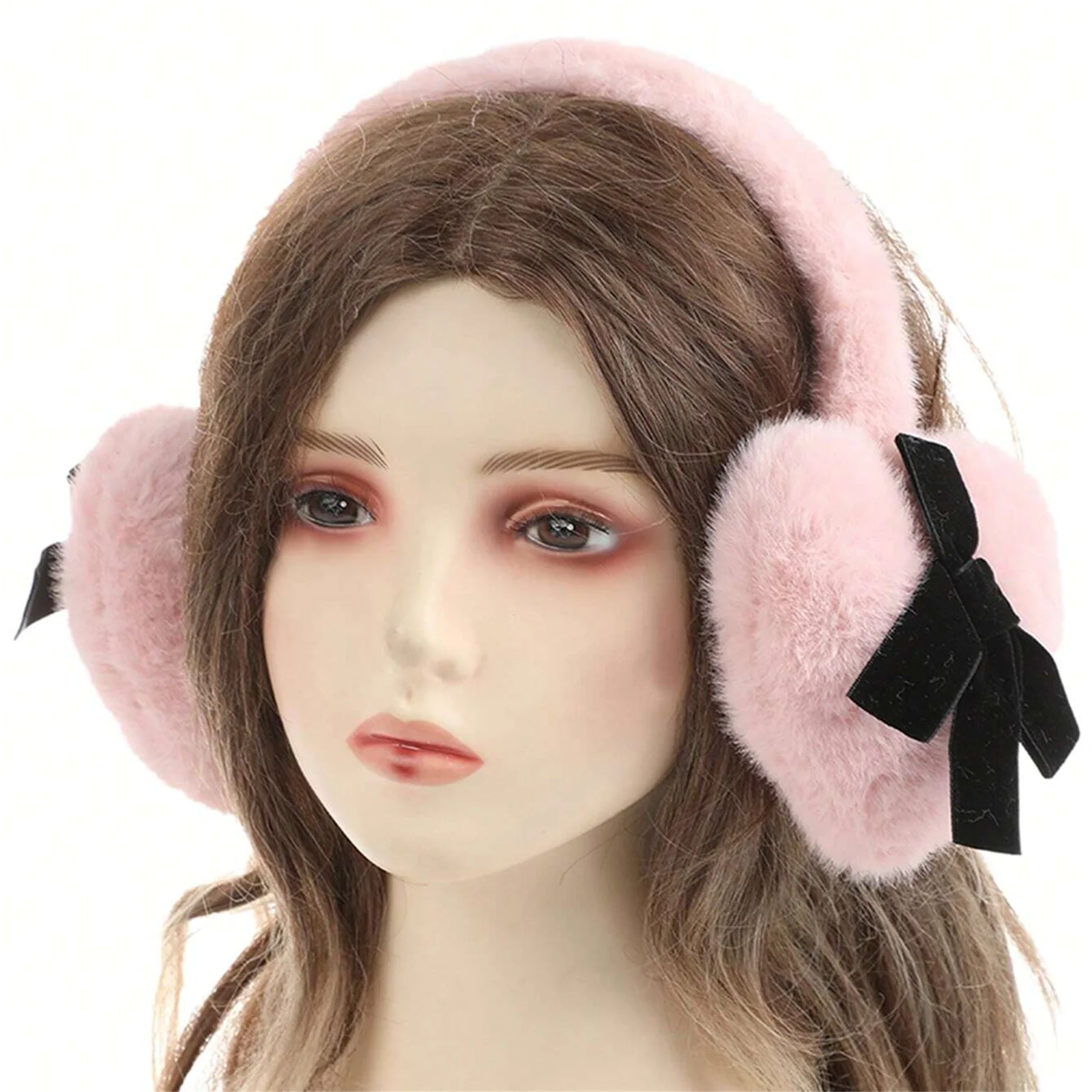 Women Solid Color With Black Bow Fluffy Cute Heart shaped Ear Warmer Earmuffs, ldeal For Winter