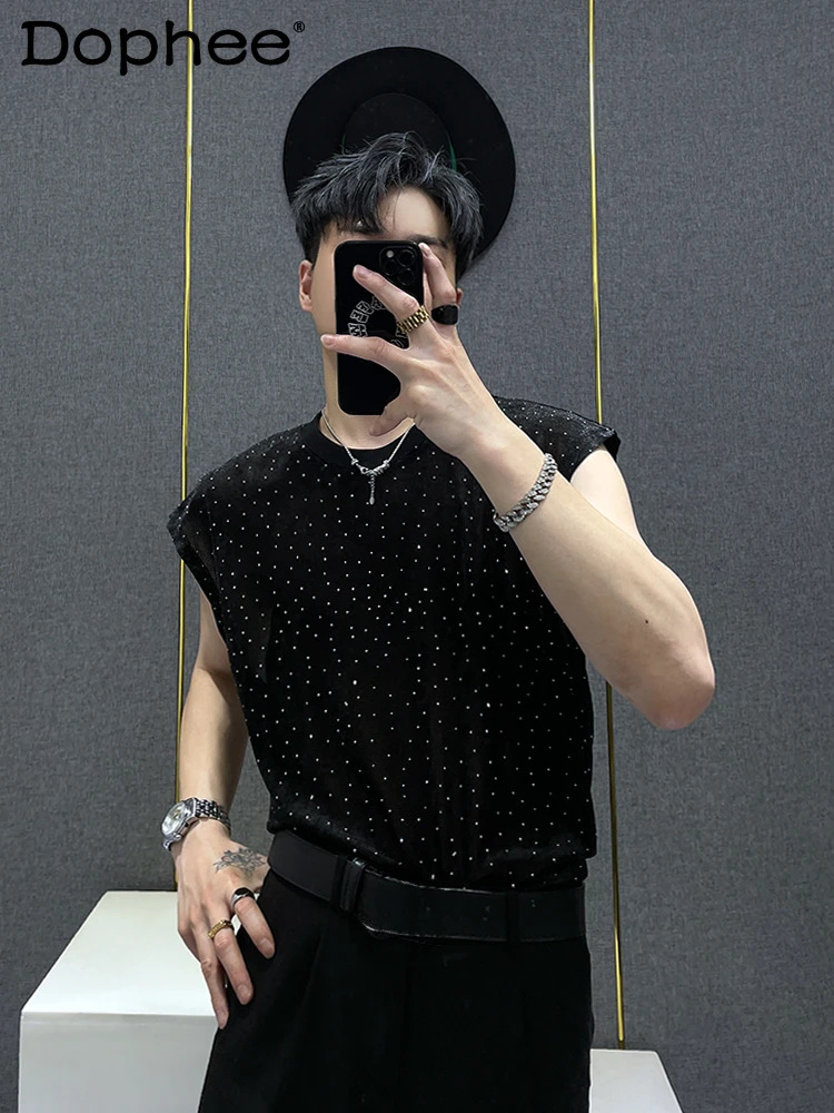 

Summer 2024 New Starry Shiny Rhinestone Vest Boys All-Matching Trendy Male Thin Loose Tank Tops Loose Round Neck Sleeveless Vest