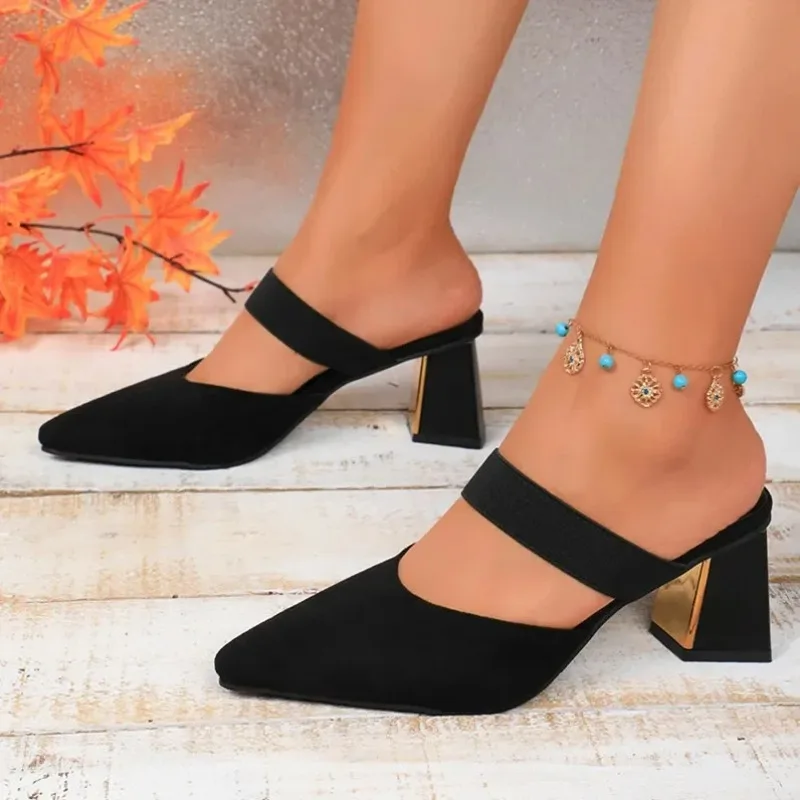 

Женские бархатные тапочки с острым носком, новые летние модные удобные тапочки без шнуровки на толстом каблуке на высоком каблуке