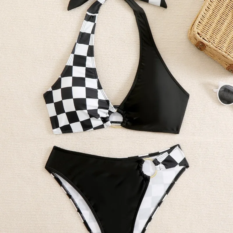 

2026 Sexy Geometric Plaid Tie Front Two Piece Bikini Set Women Summer Swimwear Beach Bathing Suit Beachwear