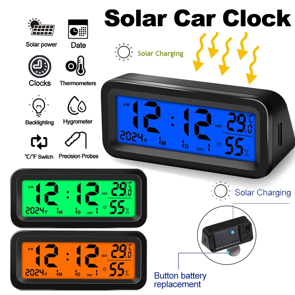Digital Car Clock Solar/USB Powered with Date Week Temperature Humidity LCD Backlit Display Dashboard Automobile Stick-On Clock