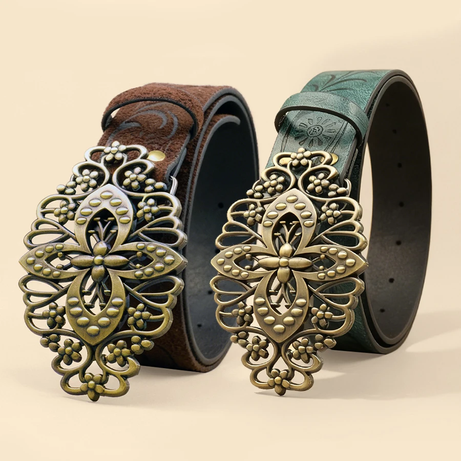 Vintage Carved Metal Buckle Belt Unisex Retro Brass Buckle Embossed Pattern Waistband European Ethnic Style Accessory - view 3
