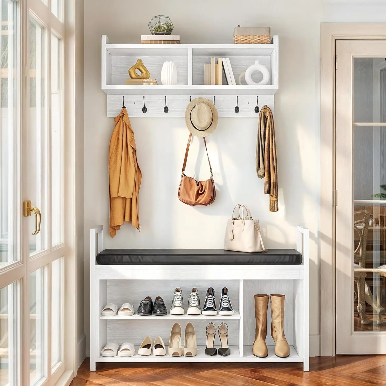 Coat Rack Shoe Bench Set, Wall Coat Rack with Shoe Storage, Industrial Entryway Shoe Bench with Coat Rack, 2 Storage Cubbies wit