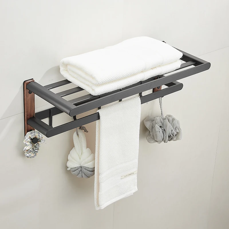 Walnoot Hout Zwart Dubbele Handdoek Bars Badkamer Handdoek Hanger Ruimte Aluminium Badkamer Accessoires Handdoekenrek Toiletborstel