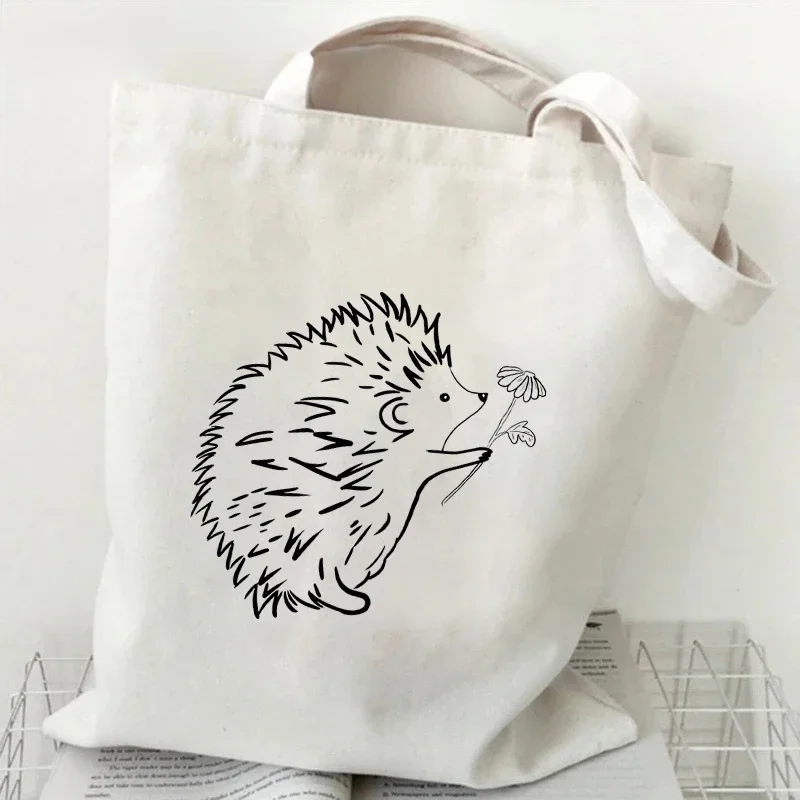 Cute Flower Hedgehog Pattern Tote Bag Women Cartoon Animal Style Shopping Bag Kawaii Hedgehog Canvas Shoulder Bag Lady Handbags