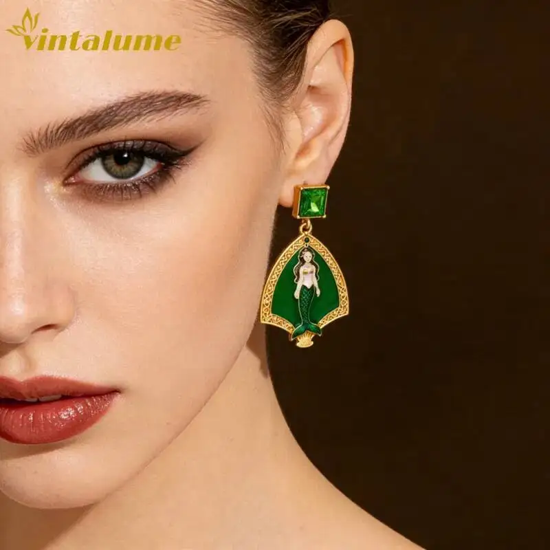 

Vintage Mermaid Enamel Drop Earrings Gold Plated Green Crystal Fantasy Statement Party Jewelry Vintalume