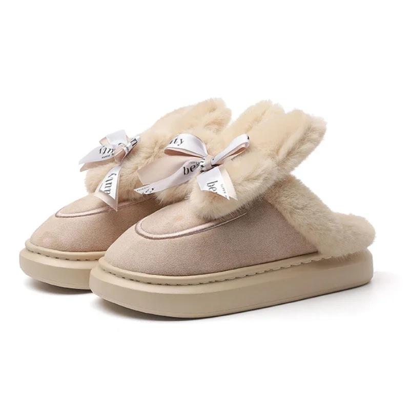 Winter Indoor Women Slippers Warm Faux Fur Girl Home Cotton Shoes Cute Bow Knot Rabbit Plush Bedroom Thick Heels Ladies Slides