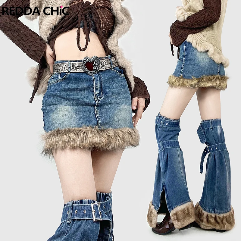 

REDDACHiC ICON Fluffy Leg Warmers Mini Skirt Set Women 90s Retro Blue Jeans Stitch Faux Fur Trim Grayu Y2k Denim Suit Streetwear