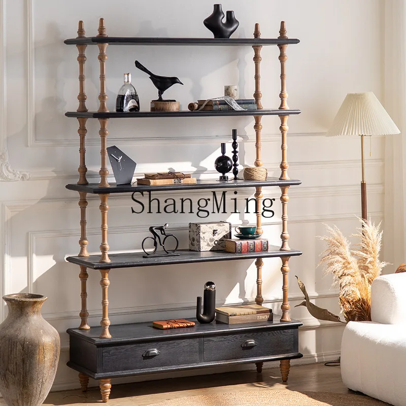 

SM retro solid wood storage five-layer rack living room display cabinet with drawer simple flower stand hotel decorative cabinet