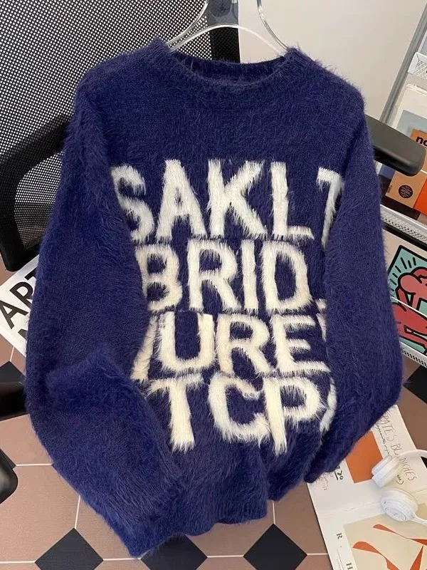 

Мужской повседневный вязаный свитер с буквами, тяжелый вес для отдыха, американский ретро, модный брендовый мягкий топ для пары, осень-зима