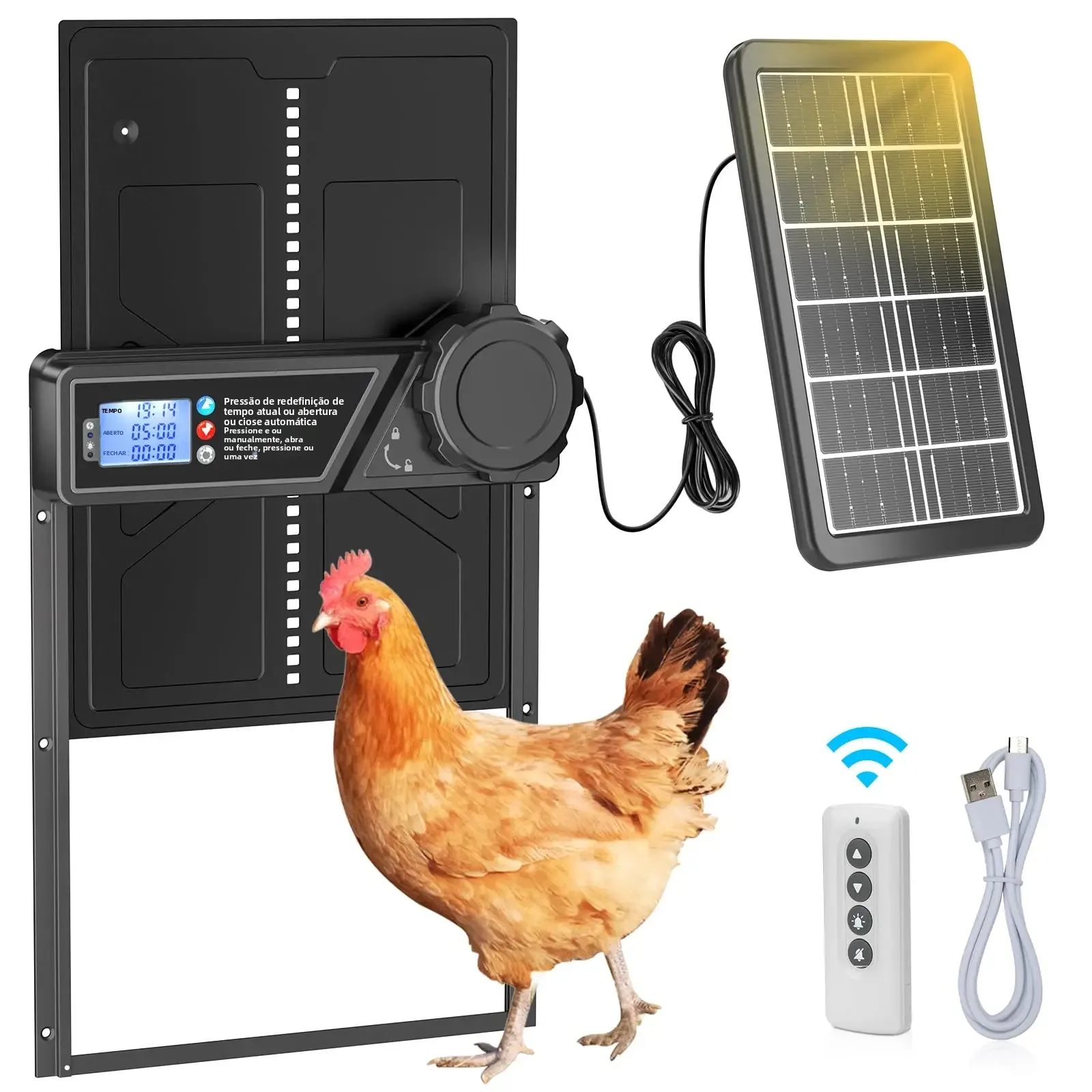 Porta automática de galinheiro movida a energia solar, porta automática de galinheiro com display LCD com temporizador Porta de frango de liga de alumínio com controle remoto