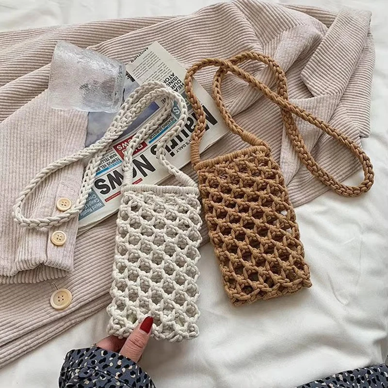 Women Fashion Small Crossbody Phone Bag Solid Color Hollow-out Woven Crochet Lightweight Braided Shoulder Handbag