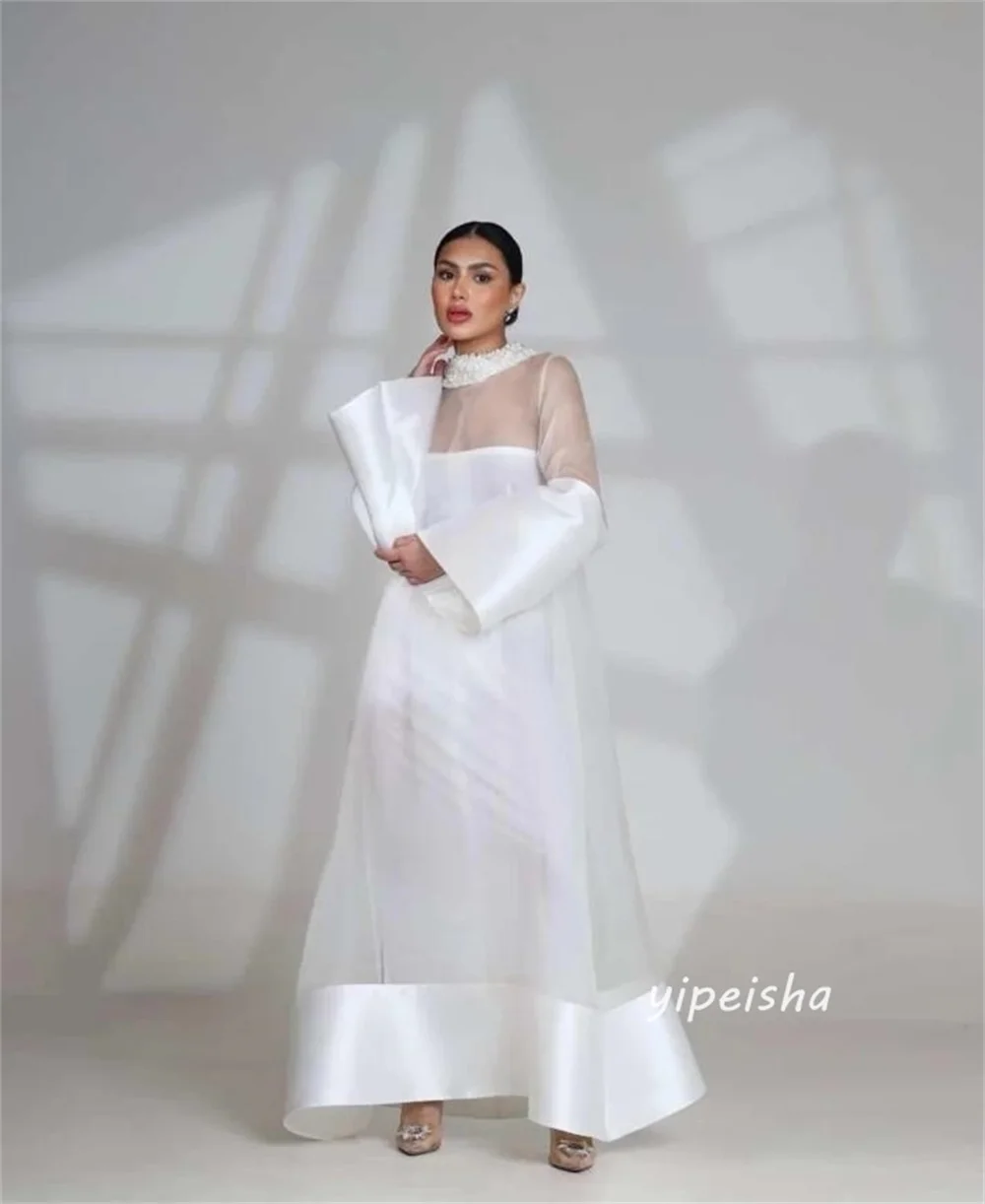 Customized White Luxurious Sexy Beading Sequined A-line High Collar  Ankle Length Evening Dresses for Woman Sizes Available