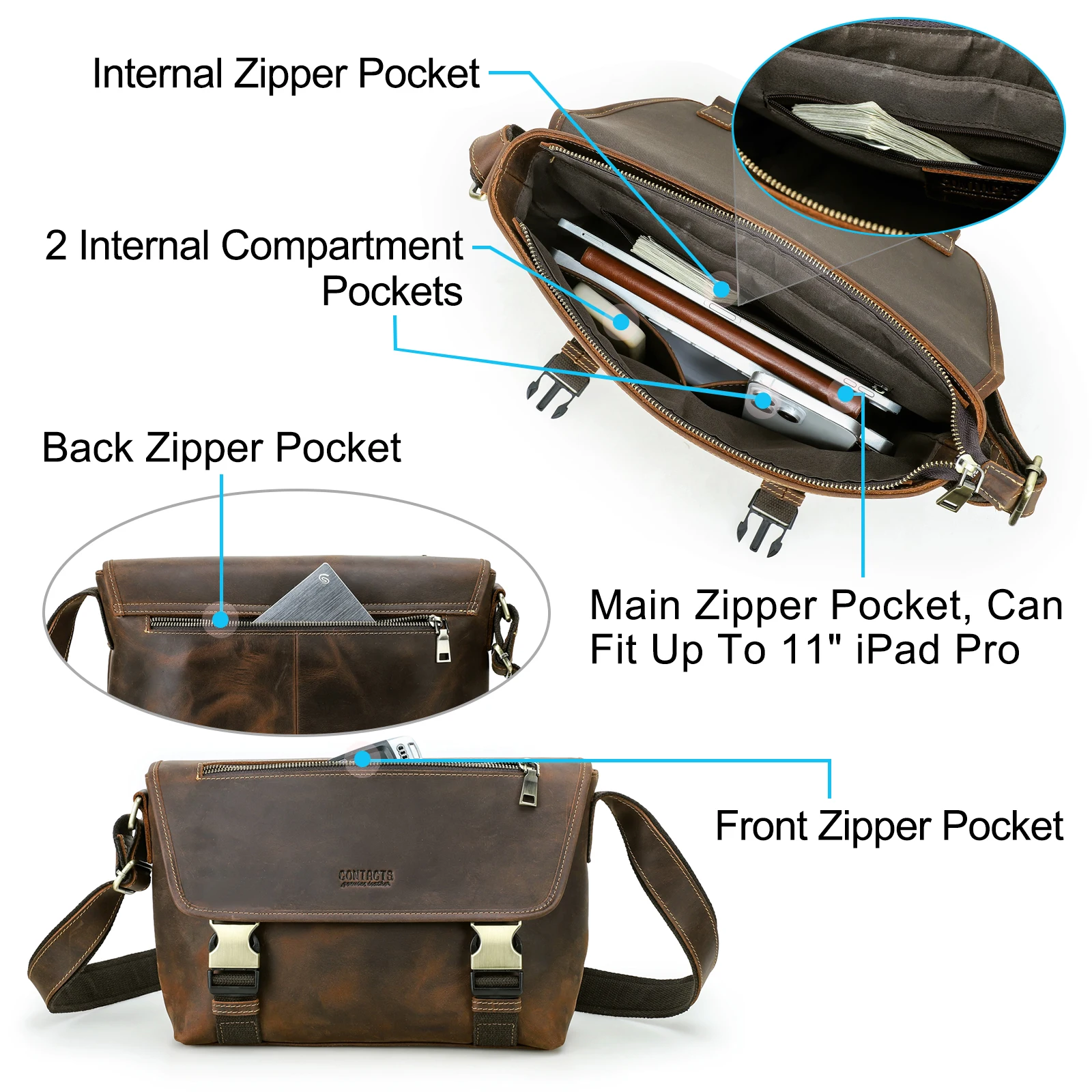 CONTACT'S Genuine Leather Shoulder Bags for Men Luxury Designer Flap Messenger Crossbody Bags Men's Bags for 11 inch iPad Pro view 5
