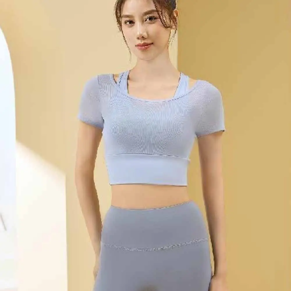 

Sports Underwear Short Sleeve Women Yoga Shirts Padded Mesh Fitness Sportswear Fake 2 Pieces Breathable Gym Tops Yoga