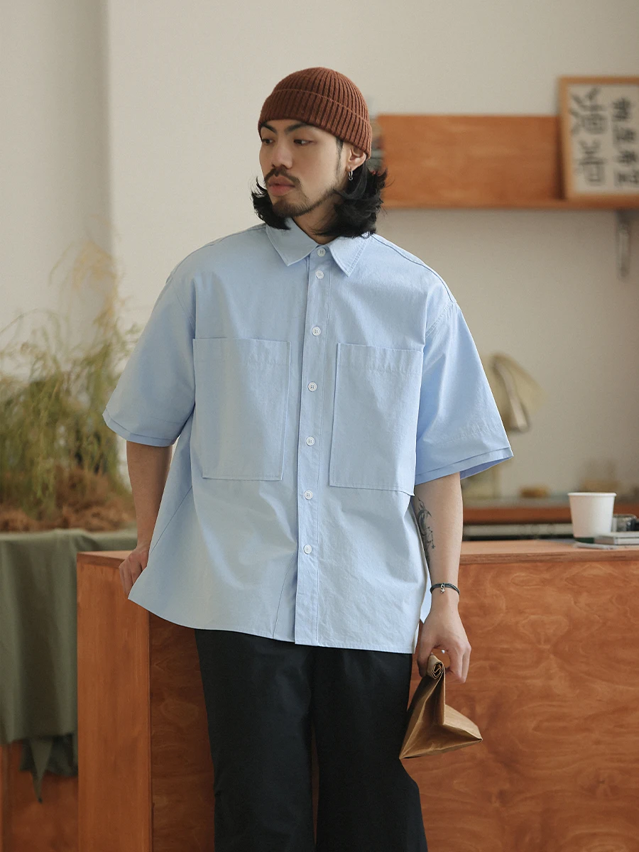 

Футболка Noears Spring Summer Blue Wide Plaet Large, с коротким рукавом, в японском ретро-стиле, свободного кроя, из дышащего хлопка