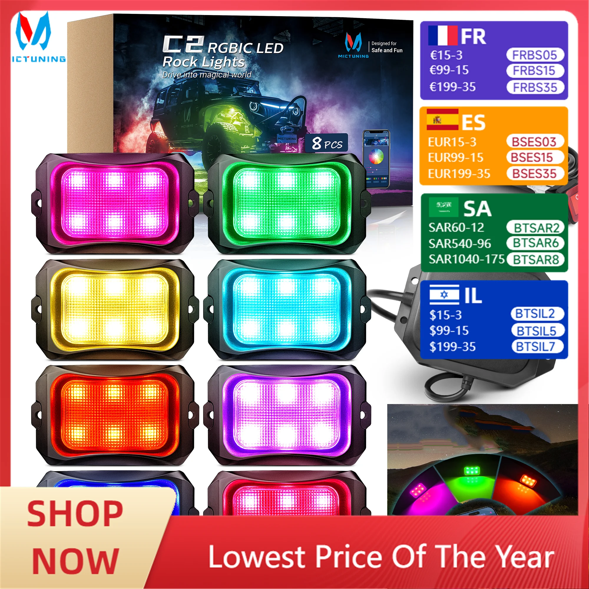

MICTUNING 8 Pods C2 Extensible RGB+IC LED Rock Lights Kit Waterproof With Wireless Bluetooth APP Control For Truck Offroad Boat