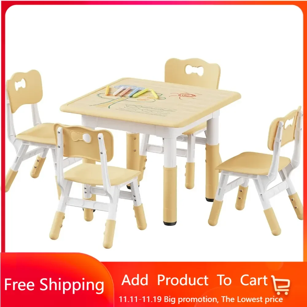 

Kids Table and 4 Chairs Set, Height Adjustable Toddler Table and Chair Set, Graffiti Desktop, Classroom/Daycare/Home