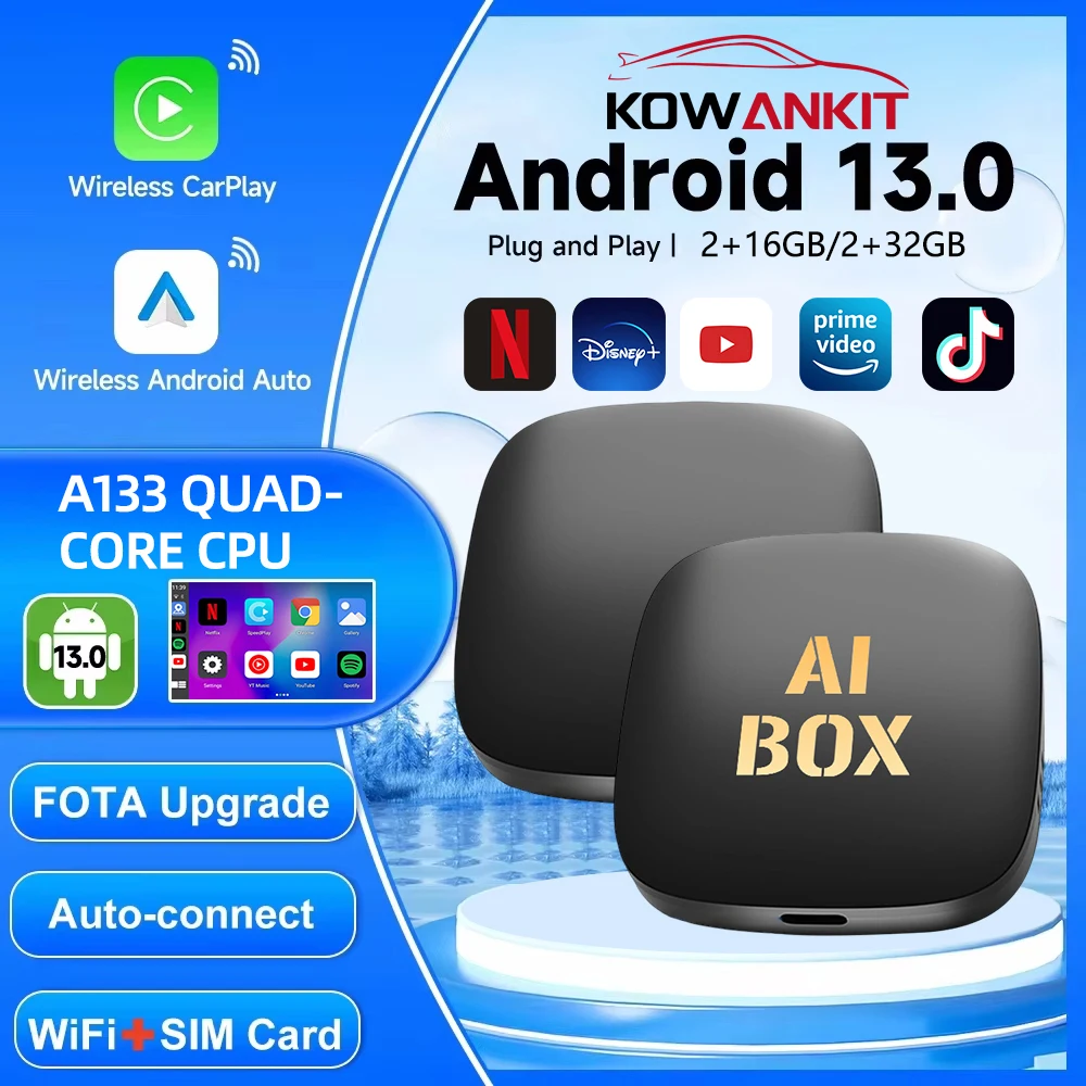 2026 Android13 CarPlay Ai Box Kowankit Wireless Android Auto 3 in 1 USB Adapter Plug & Play For Youtube Netflix Universal TV Box