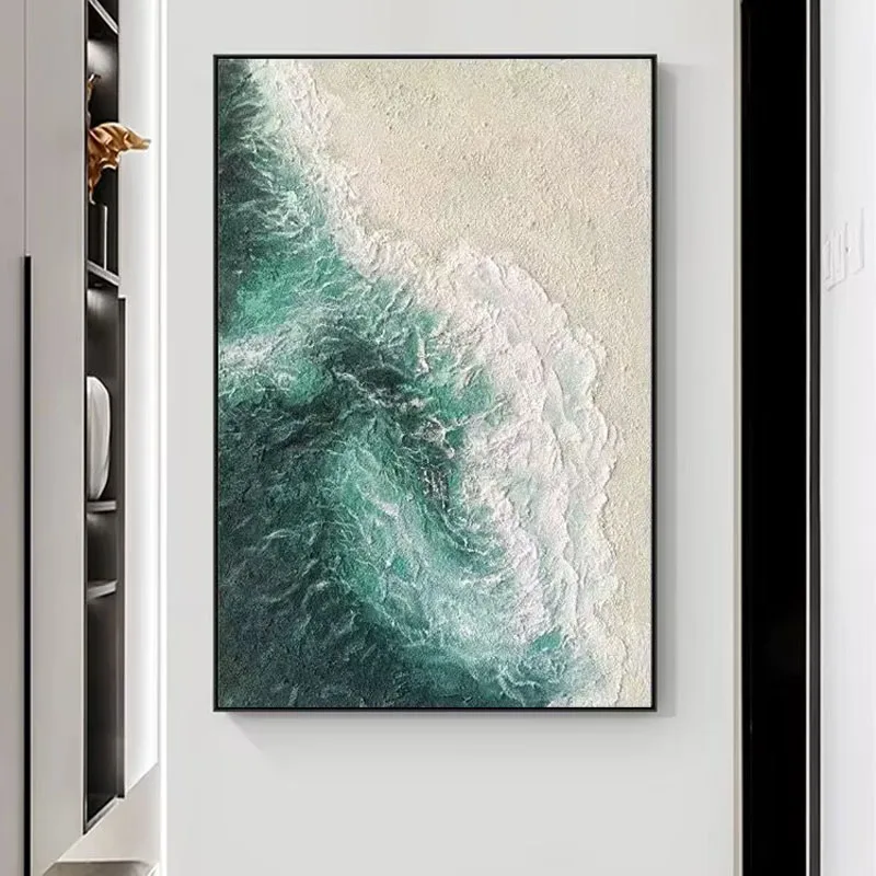 Green Waves Hand Drawn Oil Painting Italian Simplicity Beach Decoration Painting Living Room Sandstone Texture Hanging Painting