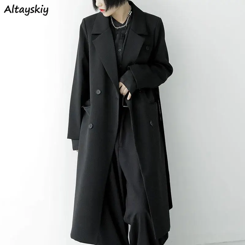 

Gothic Black Double-breasted Trench Long Coats for Women Japanese Autumn Winter Notched Collar Windbreaker Unisex Fashion Street